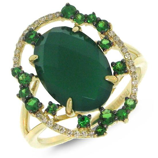 Diamond & 4.31ct Green Agate & Green Garnet 14k Yellow Gold Ring - 0.09ct