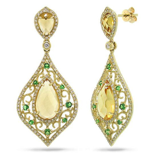 Diamond & 5.62ct Citrine & 0.41ct Green Garnet 14k Yellow Gold Earring - 0.96ct