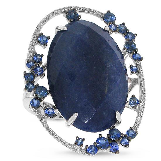 Diamond & 19.31ct Blue Aventurine & Blue Sapphire 14k White Gold Ring - 0.16ct