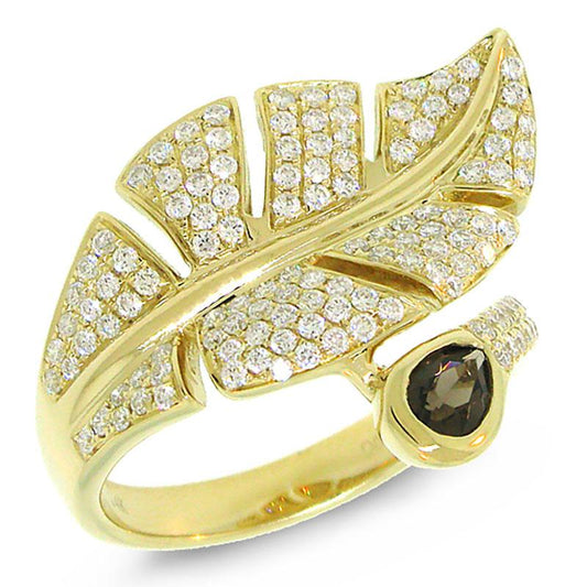 Diamond & 0.27ct Smokey Quartz 14k Yellow Gold Leaf Ring - 0.84ct