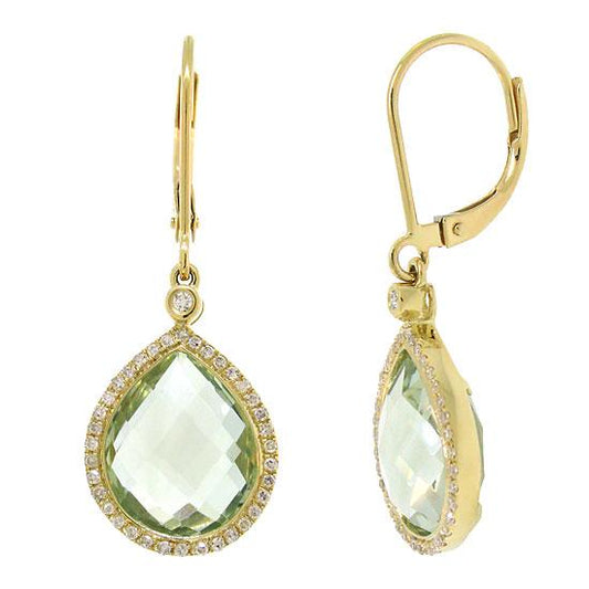 Diamond & 9.37ct Green Amethyst 14k Yellow Gold Earring - 0.25ct
