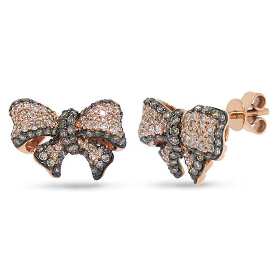 14k Rose Gold White & Champagne Diamond Ribbon Bow Earring - 0.90ct