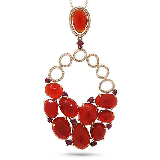 Diamond & 15.60ct Red Agate & Ruby 14k Rose Gold Pendant - 0.40ct