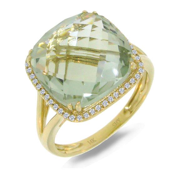 Diamond & 8.38ct Green Amethyst 14k Yellow Gold Ring - 0.12ct