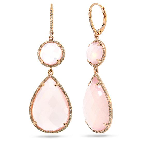 Diamond & 32.47ct Rose Quartz 14k Rose Gold Earring - 0.68ct