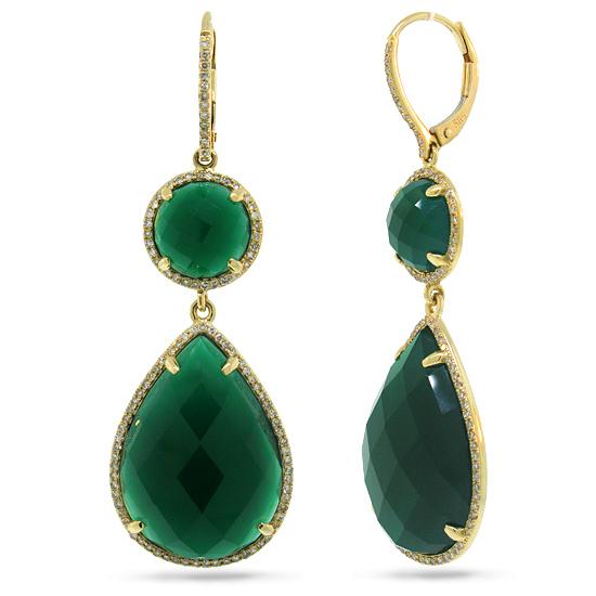Diamond & 31.19ct Green Agate 14k Yellow Gold Earring - 0.68ct