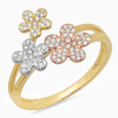 14k Three-tone Gold Diamond Flower Ring Size 6 - 0.22ct