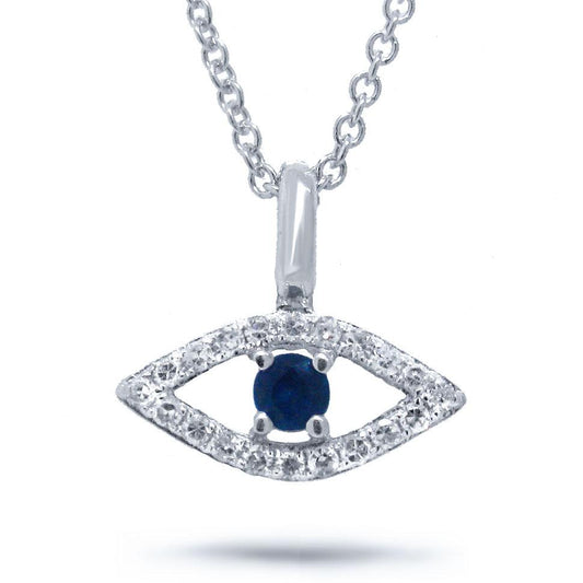 Diamond & 0.08ct Blue Sapphire 14k White Gold Eye Pendant