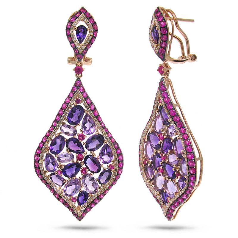 Diamond & 15.22ct Amethyst & Pink Sapphire 14k Rose Gold Earring - 0.80ct