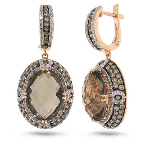 White & Champagne Diamond & 14.48ct Smokey Topaz 14k Rose Gold Earring - 2.62ct