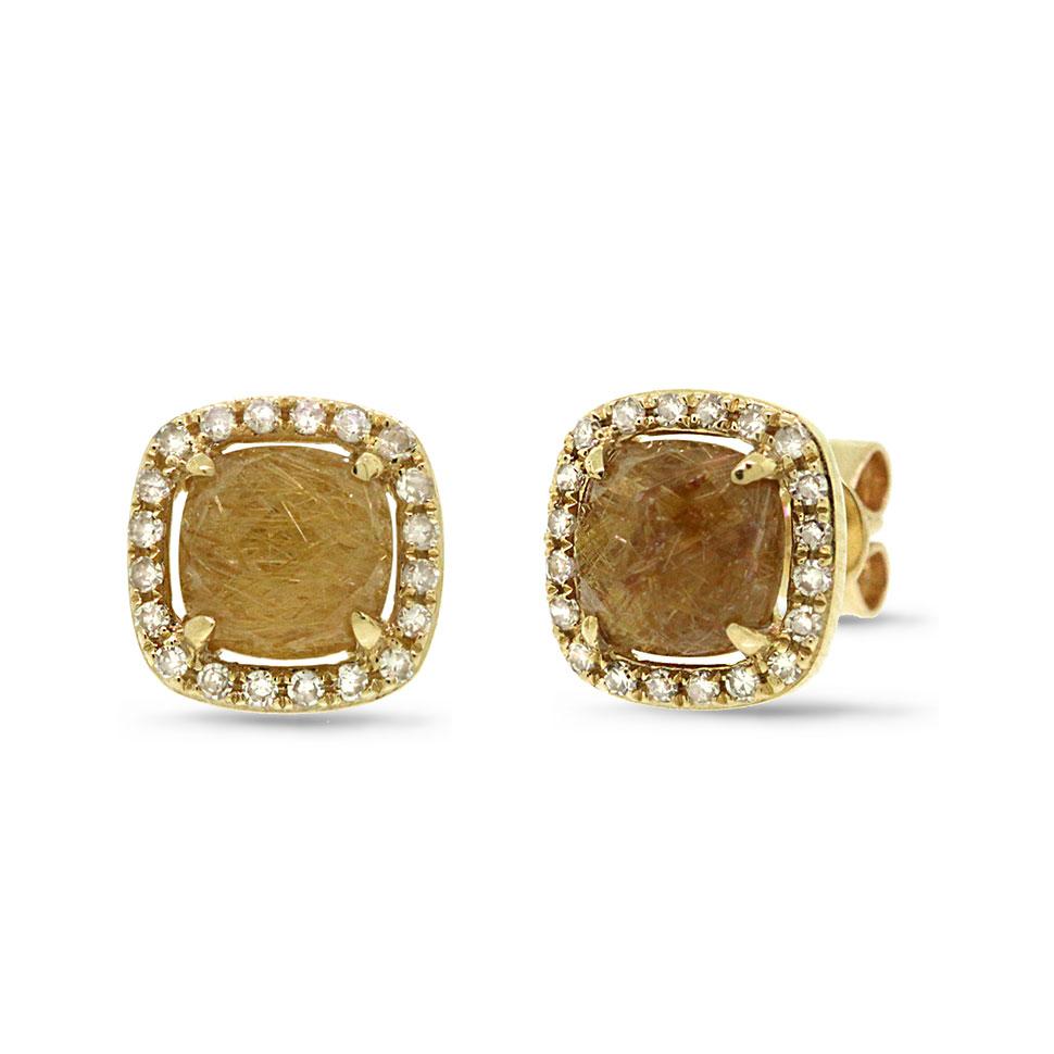 Diamond & 1.86ct Golden Line Quartz 14k Yellow Gold Earring - 0.21ct