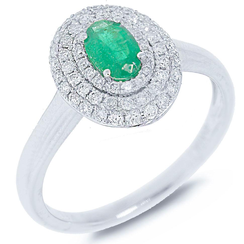 Diamond & 0.37ct Emerald 14k White Gold Ring - 0.36ct