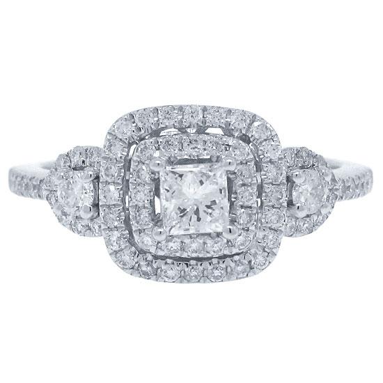 Three Stone Halo Princess Cut Diamond Engagement Ring