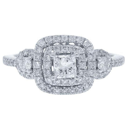 Three Stone Halo Princess Cut Diamond Engagement Ring