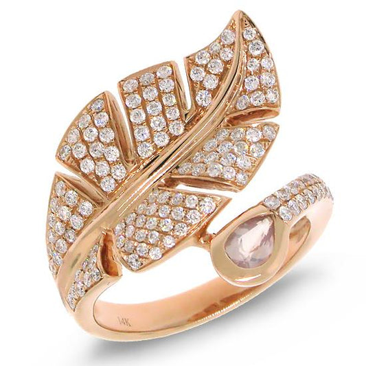 Diamond & 0.27ct Rose Quartz 14k Rose Gold Leaf Ring - 0.84ct