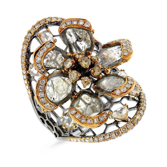 18k Black Rhodium Gold Fancy Color Diamond Flower Ring - 3.35ct