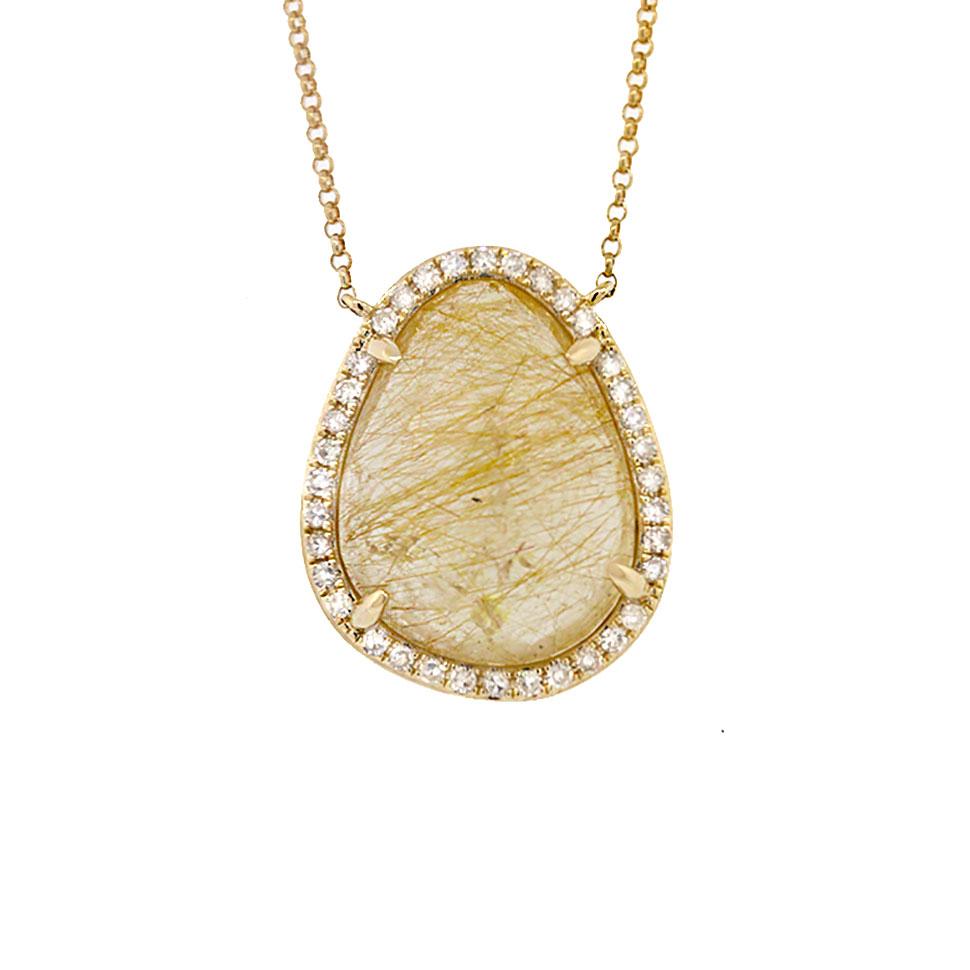 Diamond & 10.93ct Golden Line Quartz 14k Yellow Gold Necklace - 0.28ct