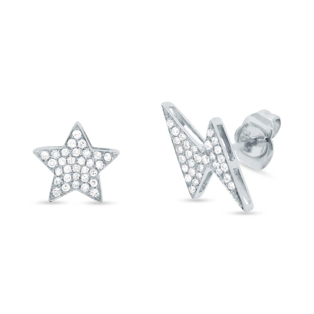 14k White Gold Diamond Star & Lightening Earring - 0.16ct