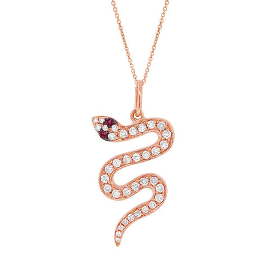 Diamond & 0.02ct Ruby 14k Rose Gold Snake Pendant