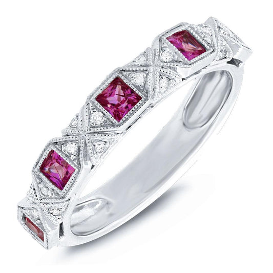 Diamond & 0.44ct Ruby 14k White Gold Lady's Band - 0.09ct