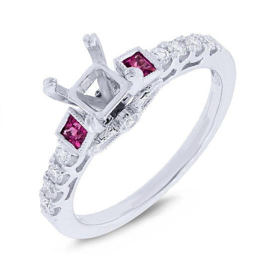 Diamond & 0.23ct Ruby 14k White Gold Semi-mount Ring - 0.24ct