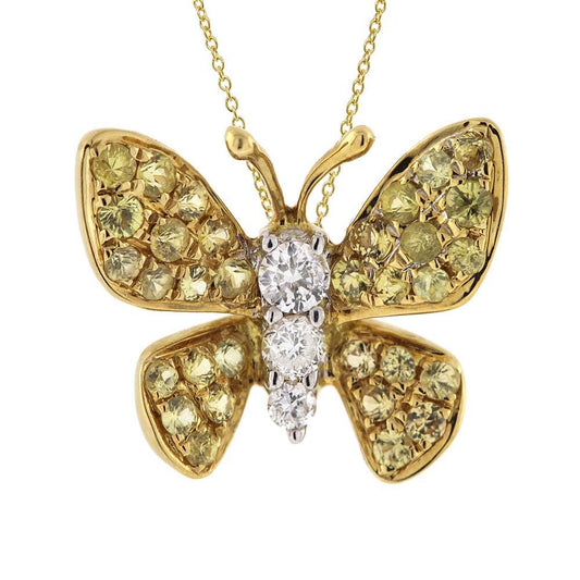 Diamond & 0.24ct Yellow Sapphire 18k Yellow Gold Butterfly Pendant - 0.07ct
