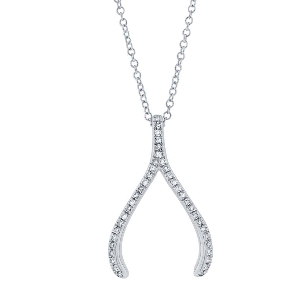 14k White Gold Diamond Wishbone Pendant - 0.12ct