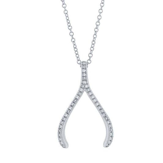 14k White Gold Diamond Wishbone Pendant - 0.12ct