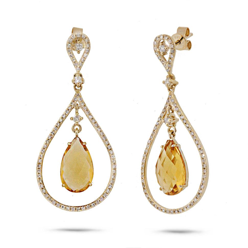 Diamond & 4.57ct Citrine 14k Yellow Gold Earring - 0.54ct