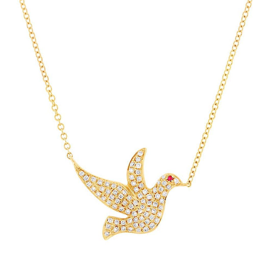 Diamond & 0.01ct Ruby 14k Yellow Gold Dove Necklace