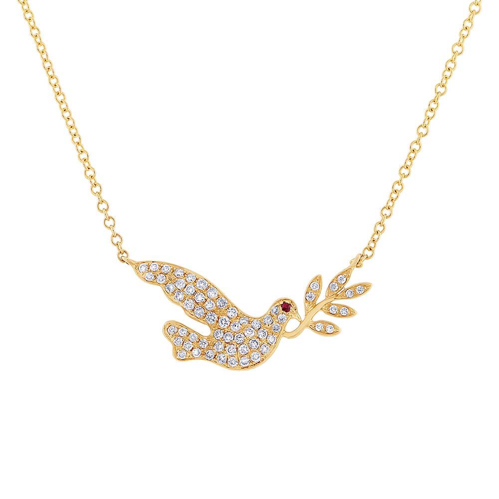 Diamond & 0.01ct Ruby 14k Yellow Gold Dove Necklace