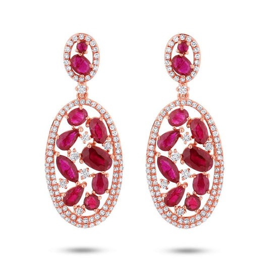 Diamond & 4.62ct Ruby 14k Rose Gold Earring - 1.12ct