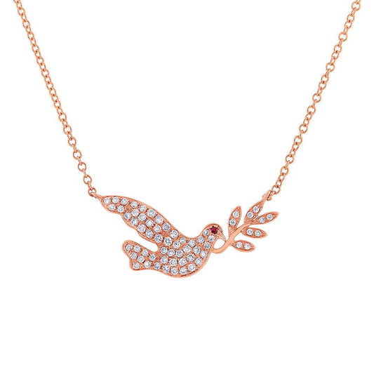 Diamond & 0.01ct Ruby 14k Rose Gold Dove Necklace