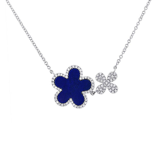Diamond & 1.33ct Lapis 14k White Gold Flower Necklace - 0.23ct