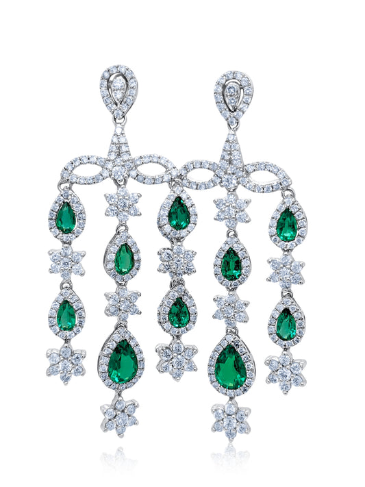 14k White Gold Diamond And Emerald Earring V0325