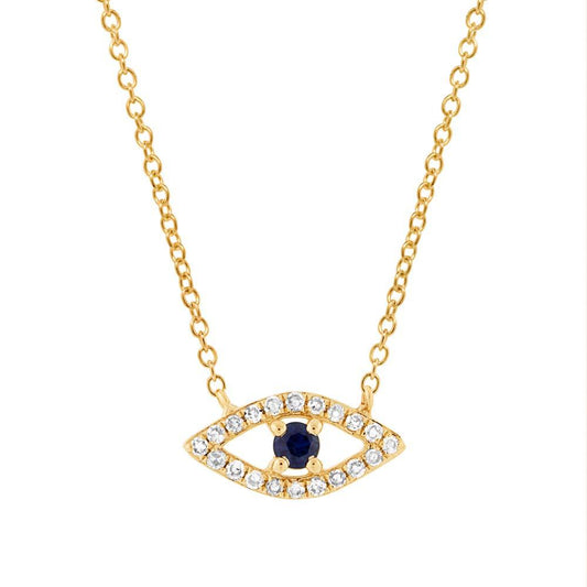 Diamond & 0.08ct Blue Sapphire 14k Yellow Gold Eye Necklace
