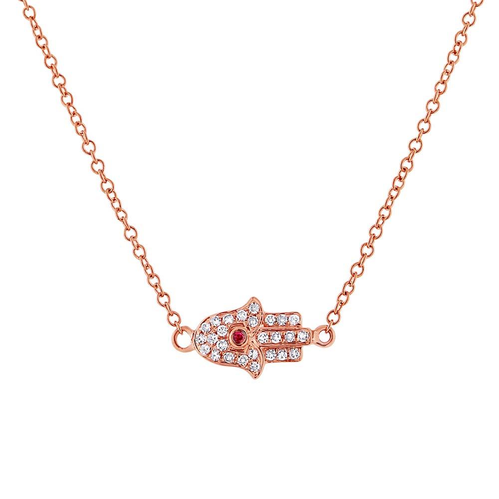 Diamond & 0.01ct Ruby 14k Rose Gold Hamsa Necklace