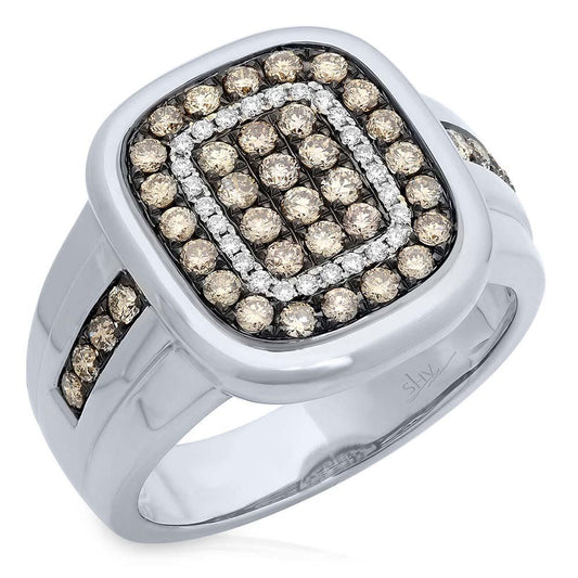 14k White Gold White & Champagne Diamond Men's Ring - 1.17ct
