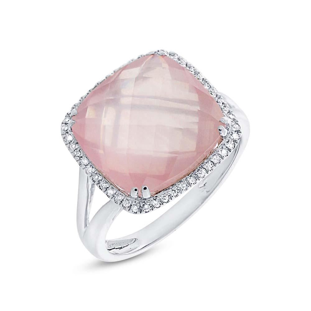 Diamond & 8.68ct Rose Quartz 14k White Gold Ring Size 8 - 0.12ct