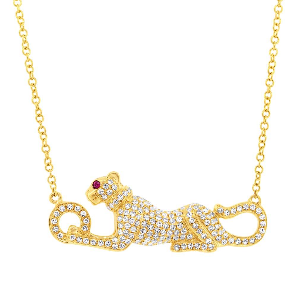 Diamond & 0.01ct Ruby 14k Yellow Gold Panther Necklace - 0.39ct
