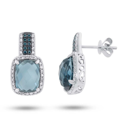 White & Treated Blue Diamond & 5.60ct London Blue Topaz 14k White Gold Earring - 0.42ct