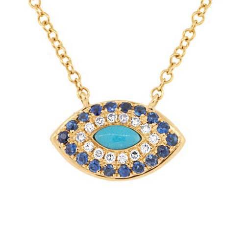 Diamond & 0.20ct Blue Sapphire & Composite Turquoise 14k Yellow Gold Necklace