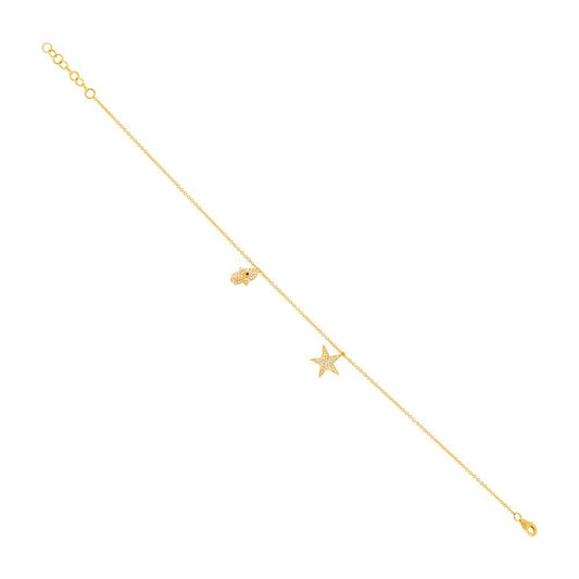 Diamond & 0.01ct Ruby 14k Yellow Gold Hamsa & Star Anklet