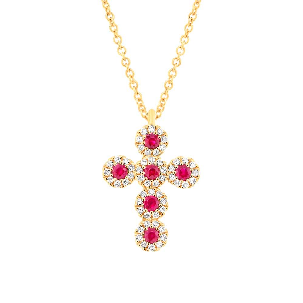 Diamond & 0.14ct Ruby 14k Yellow Gold Cross Necklace - 0.12ct