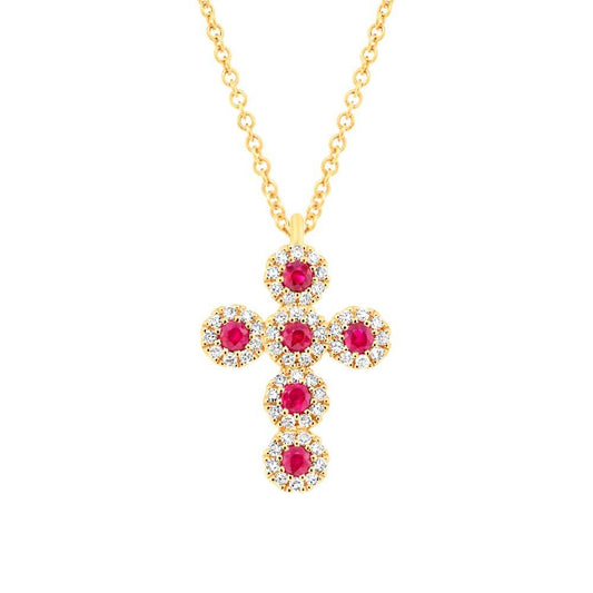 Diamond & 0.14ct Ruby 14k Yellow Gold Cross Necklace - 0.12ct