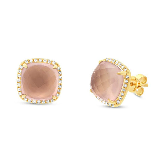 Diamond & 6.48ct Rose Quartz 14k Yellow Gold Stud Earring - 0.17ct