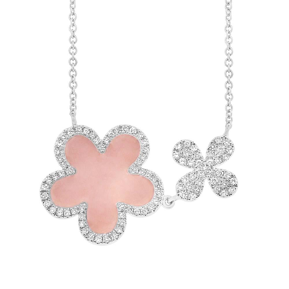 Diamond & 0.90ct Pink Opal 14k White Gold Flower Necklace - 0.23ct