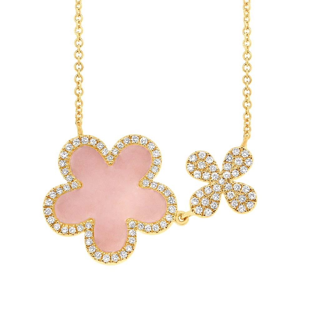 Diamond & 0.90ct Pink Opal 14k Yellow Gold Flower Necklace - 0.23ct