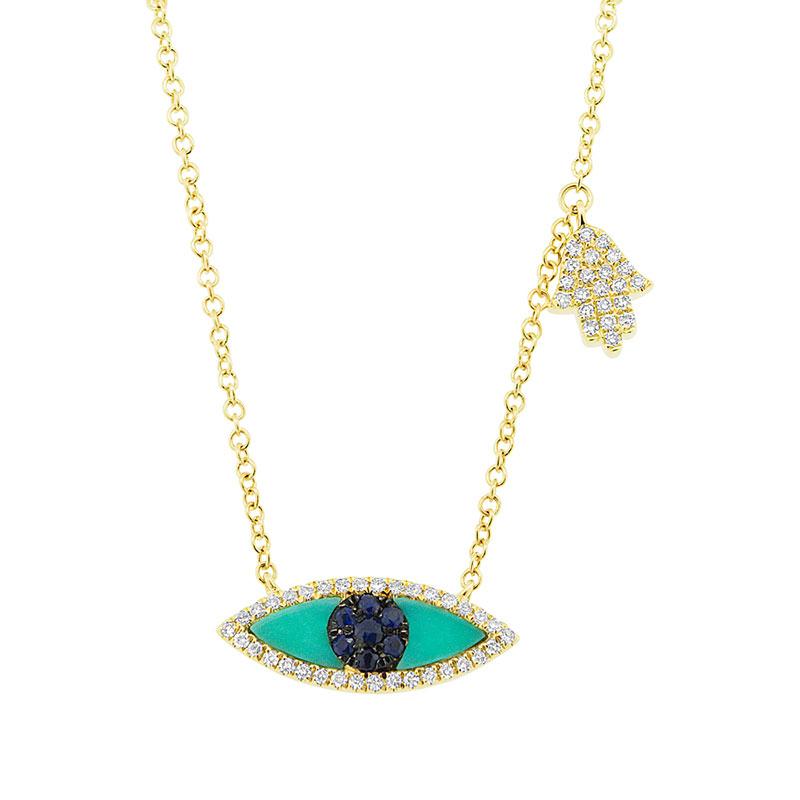 Diamond, 0.38ct Blue Sapphire & Composite Turquoise 14k Yellow Gold Eye & Hamsa Necklace