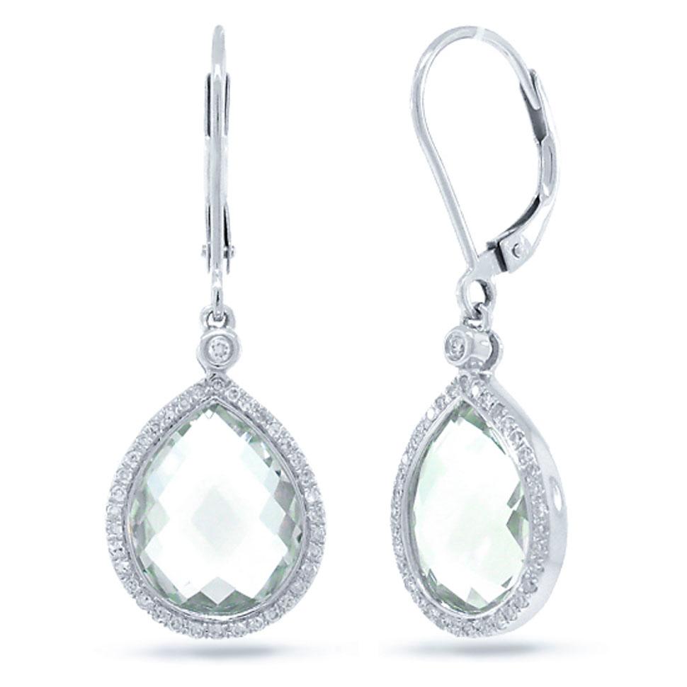 Diamond & 9.37ct Green Amethyst 14k White Gold Earring - 0.25ct